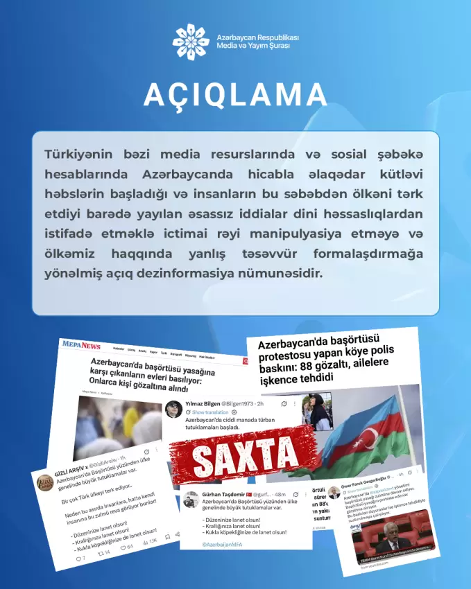 Media və Yayım Şurasının bəzi Türkiyə saytlarında yayılan dezinformasiya ilə bağlı açıqlaması